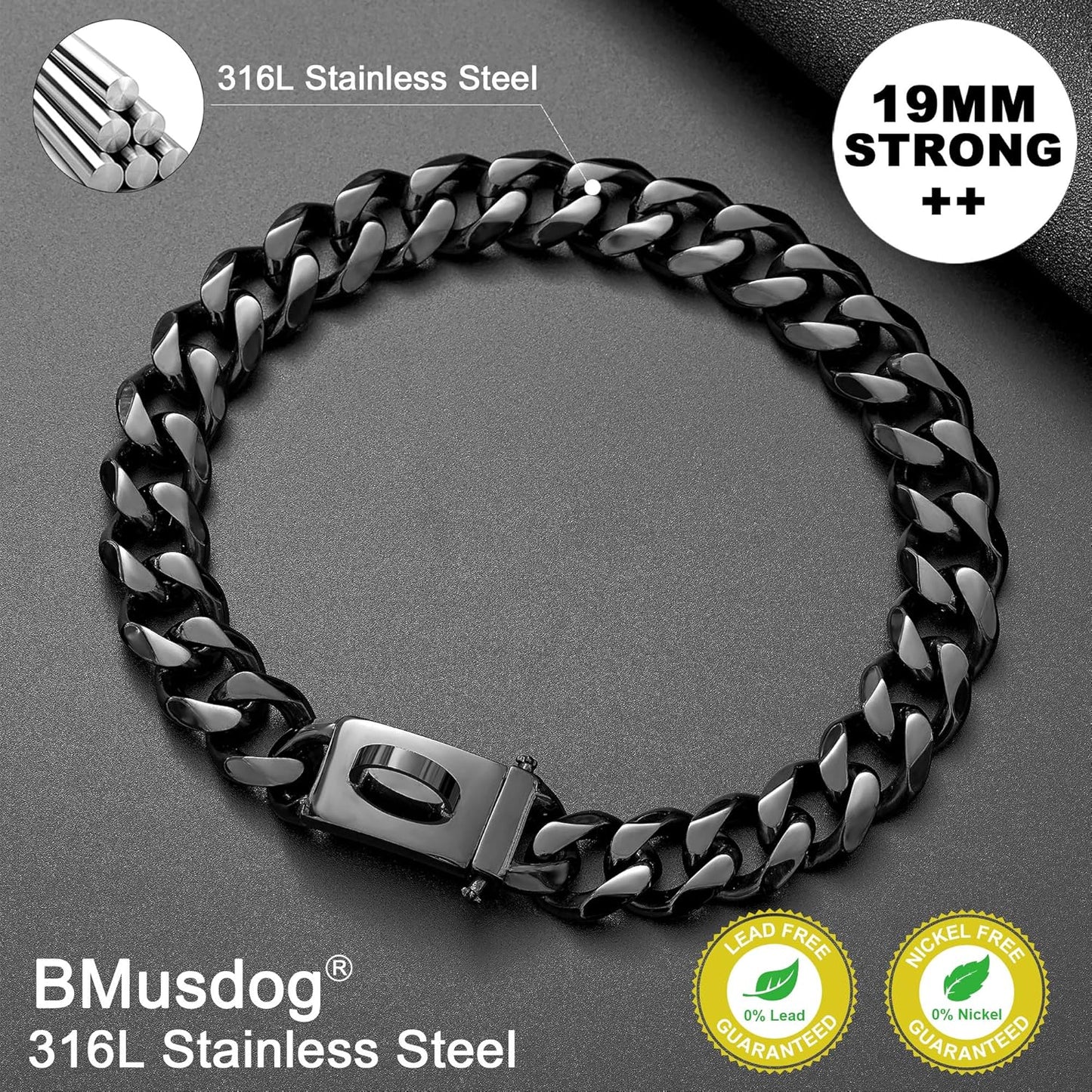 Black Dog Chain Collar Walking Metal Chain Collar with Design Secure Buckle Cuban Link Strong Heavy Duty Chew Proof for Small Dogs(19Mm, 12")
