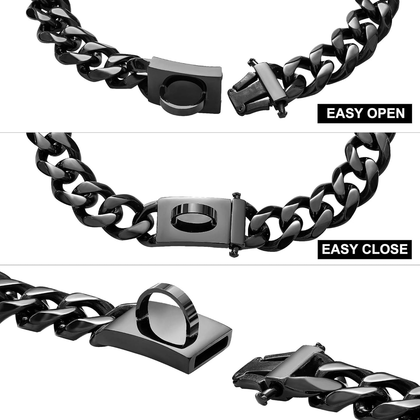 Black Dog Chain Collar Walking Metal Chain Collar with Design Secure Buckle Cuban Link Strong Heavy Duty Chew Proof for Small Dogs(19Mm, 12")