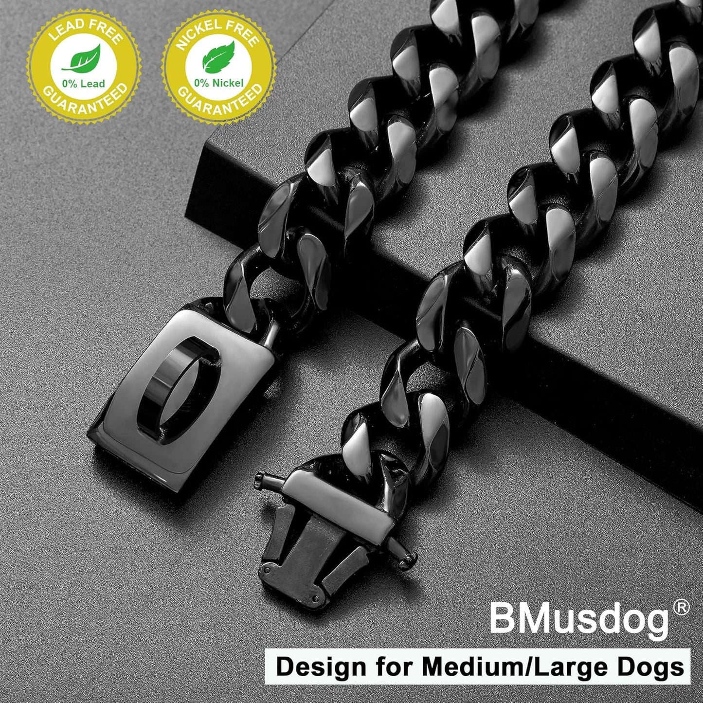 Black Dog Chain Collar Walking Metal Chain Collar with Design Secure Buckle Cuban Link Strong Heavy Duty Chew Proof for Small Dogs(19Mm, 12")