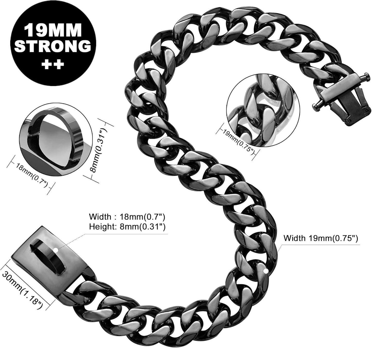 Black Dog Chain Collar Walking Metal Chain Collar with Design Secure Buckle Cuban Link Strong Heavy Duty Chew Proof for Small Dogs(19Mm, 12")