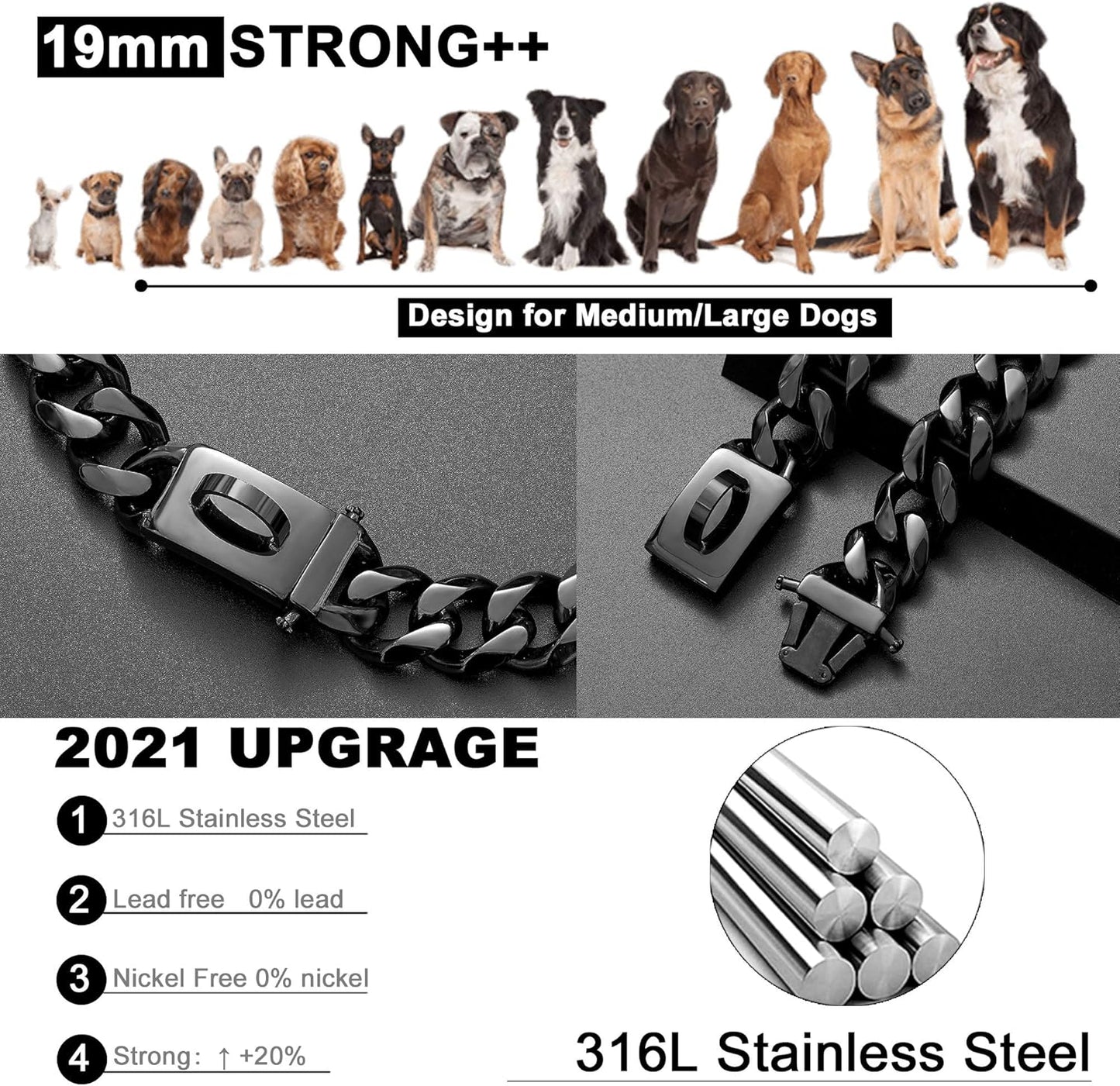 Black Dog Chain Collar Walking Metal Chain Collar with Design Secure Buckle Cuban Link Strong Heavy Duty Chew Proof for Small Dogs(19Mm, 12")