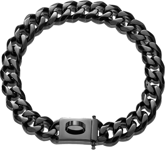 Black Dog Chain Collar Walking Metal Chain Collar with Design Secure Buckle Cuban Link Strong Heavy Duty Chew Proof for Small Dogs(19Mm, 12")